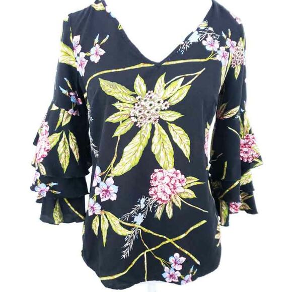 Unique Spectrum Floral Shirt Layered Sleeves Small VNeck Boho Top, 3/4 Sleeves - Picture 1 of 6